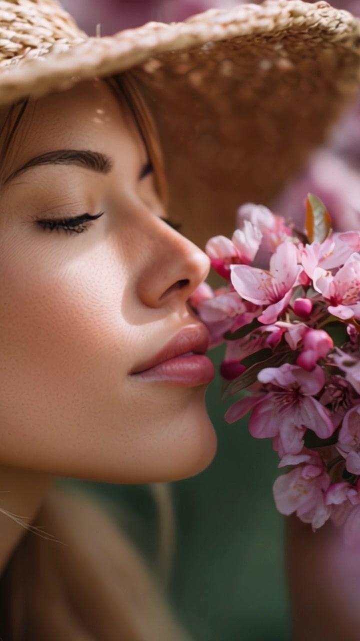 Interazione delicata tra una giovane donna e i fiori primaverili: abbracciare la bellezza della natura con un tocco gentile ed espressioni serene tra le fioriture.