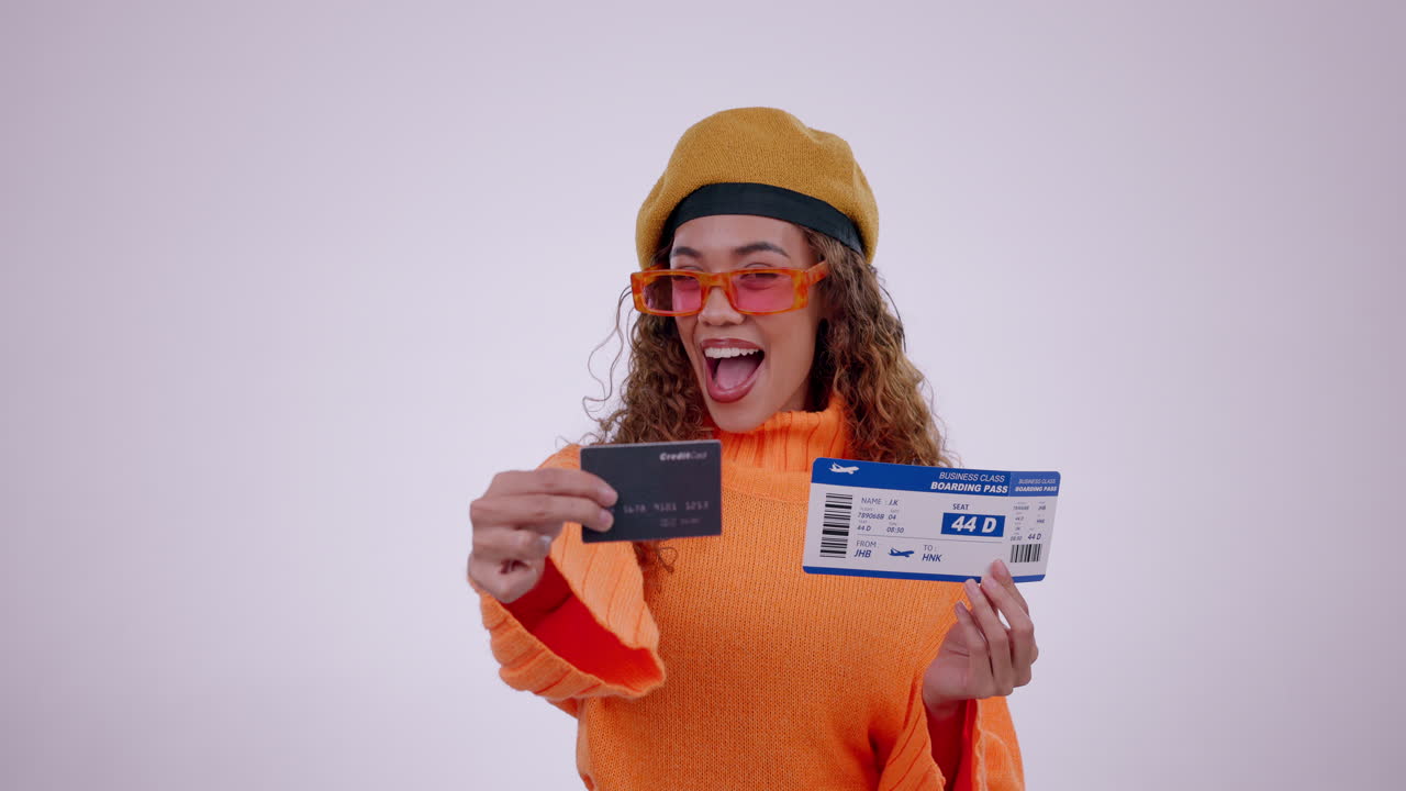 Happy woman, credit card and flight ticket