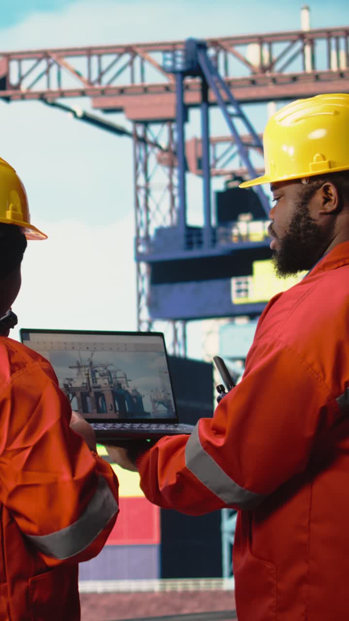 Vertical video Drilling rig boat engineering team using laptop to monitor equipment systems