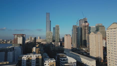 Aerial-view-of-Canary-Wharf-skyline-view-with-high-risers,-East-London