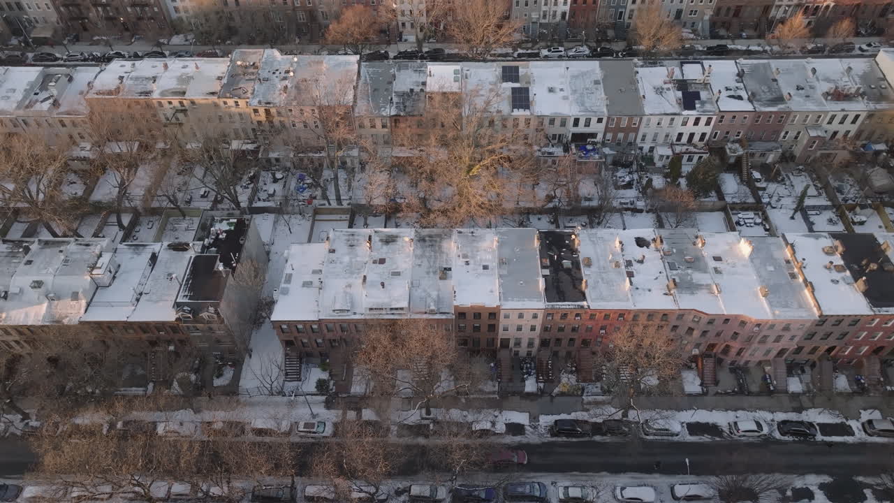 Aerial view of Bedford-Stuyvesant Brooklyn on a winter day. Shot in New York City