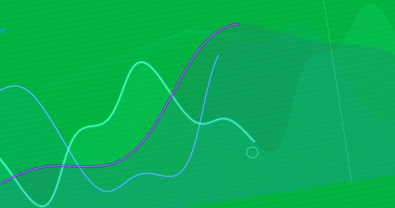 Spline de neón comenzando a trazar a lo largo de ondas en capas, marcando picos y mostrando datos sobre un fondo transparente.
