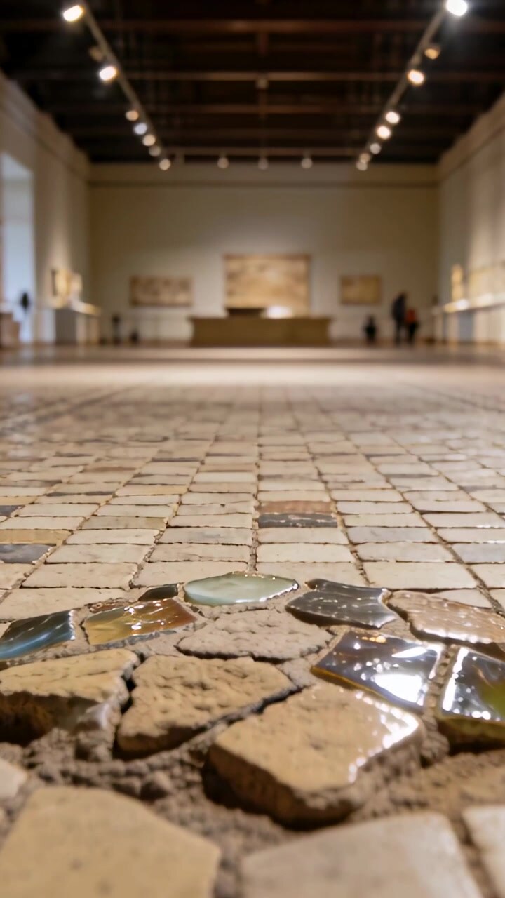 Video verticale: Telecamera che si allontana rivelando un gruppo di mosaici nella sala di un museo, mostrando due visitatori.