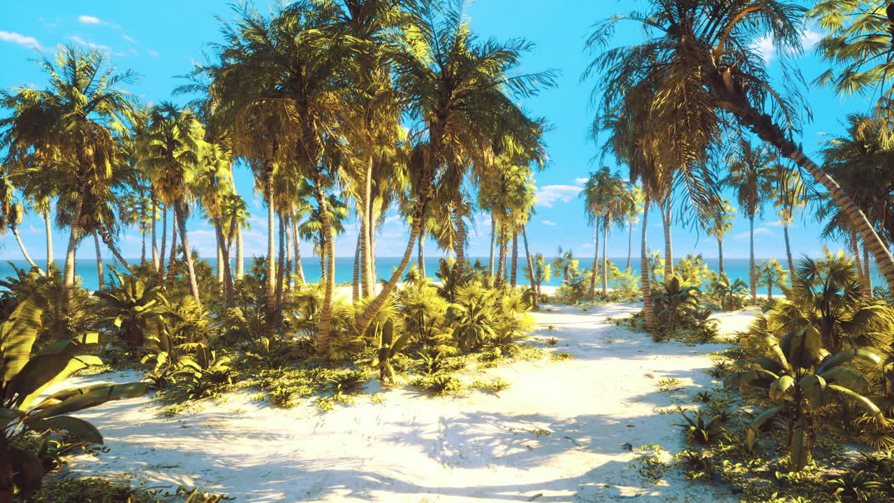 Paraíso tropical com palmeiras e praia de areia sob um céu azul brilhante