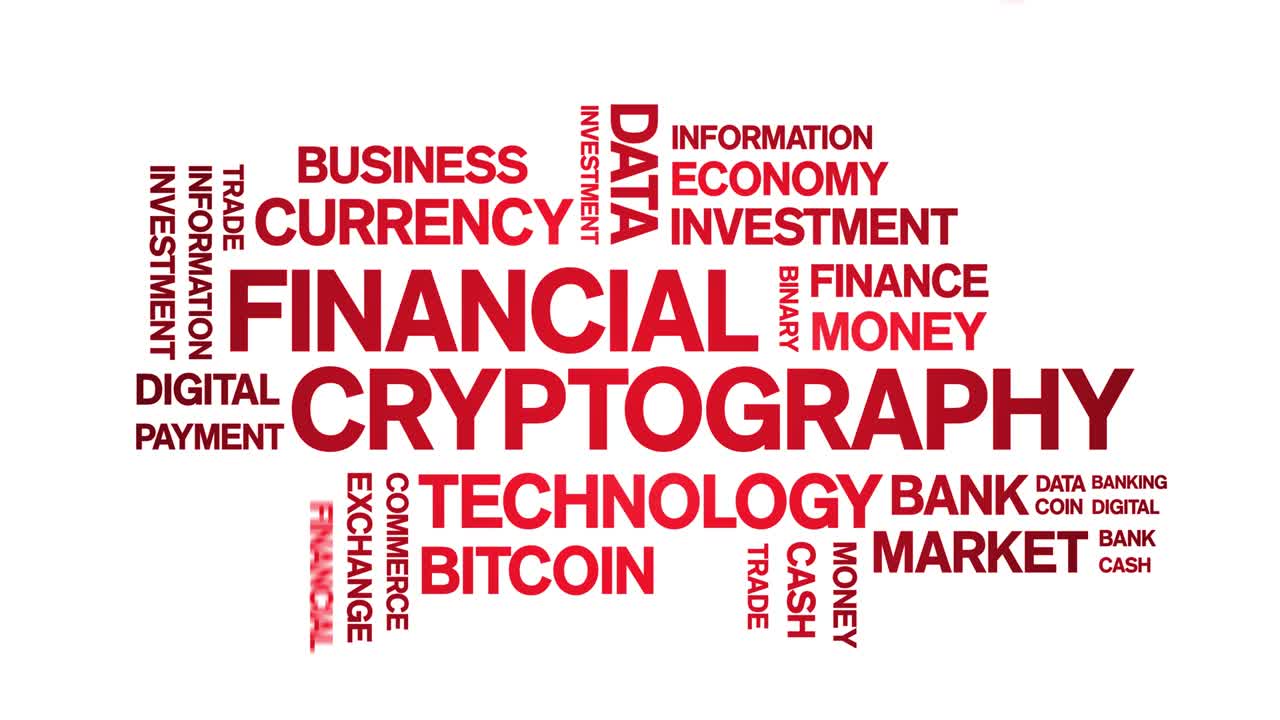 4k criptografía financiera etiqueta animada nube de palabras, animación de texto bucle sin fisuras.