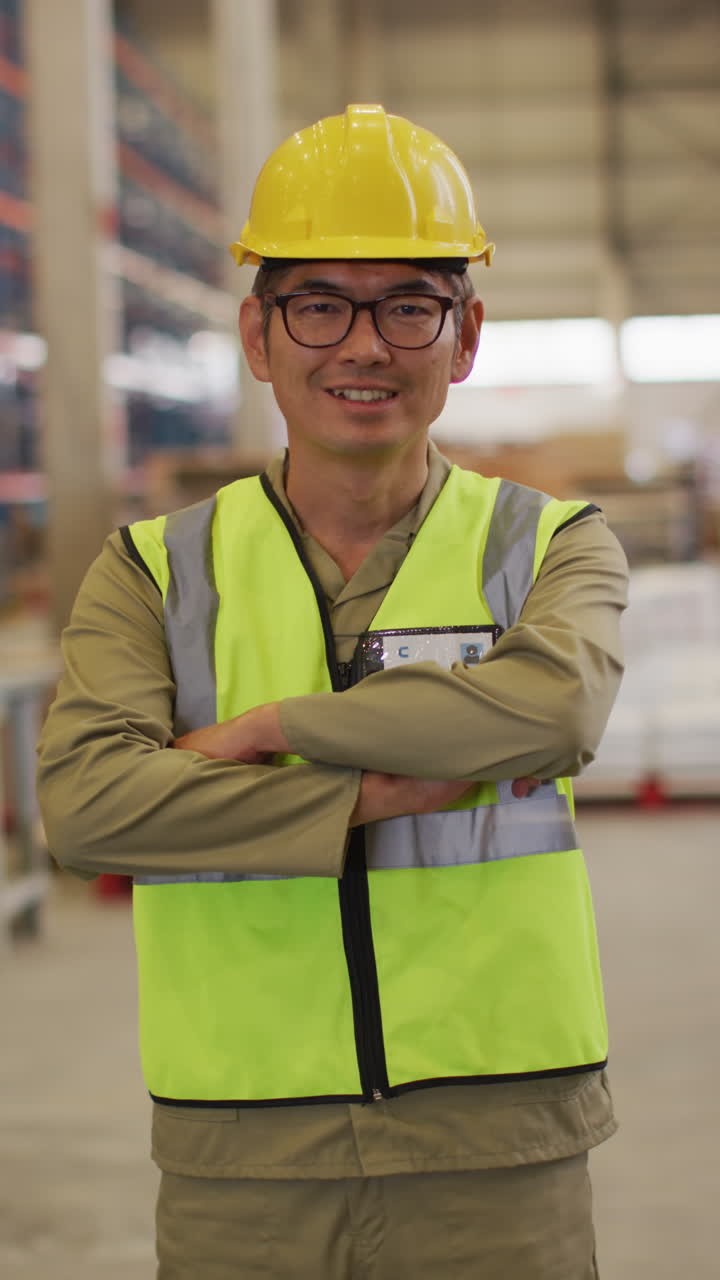 video vertical del retrato de un trabajador masculino asiático con casco en un almacén