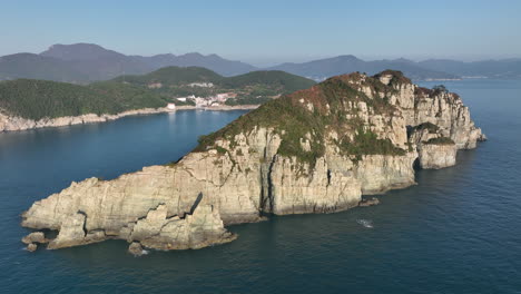 aerial view of a famous rock island in south korea called haegumgang in autumn