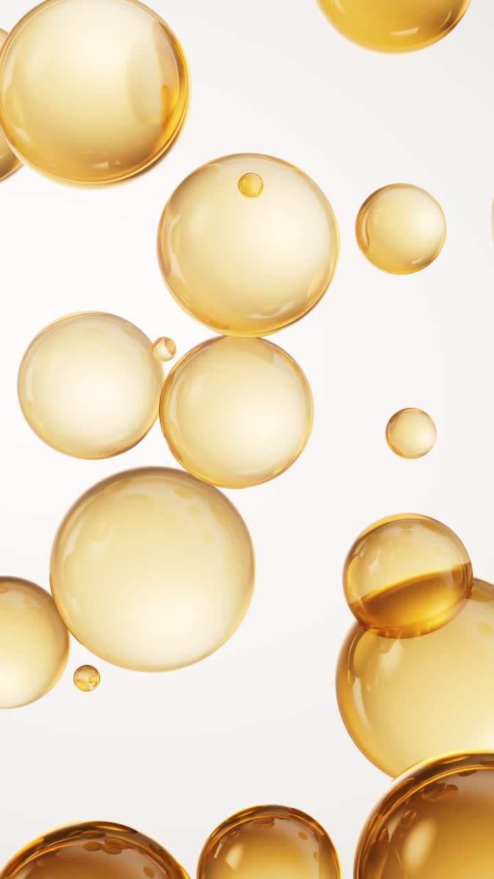 Sfondo con bolle di olio liquido dorato, rendering 3D