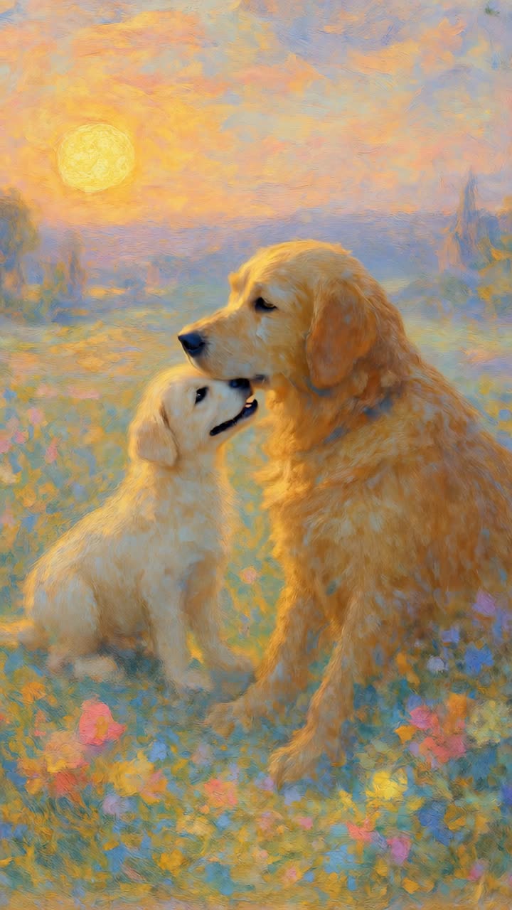 A serene, impressionist-style video still of two golden retrievers in a field at sunset