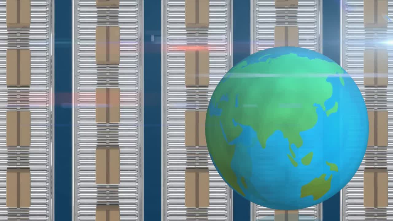 animación de cajas de cartón apiladas que se mueven con el globo girando sobre un fondo azul