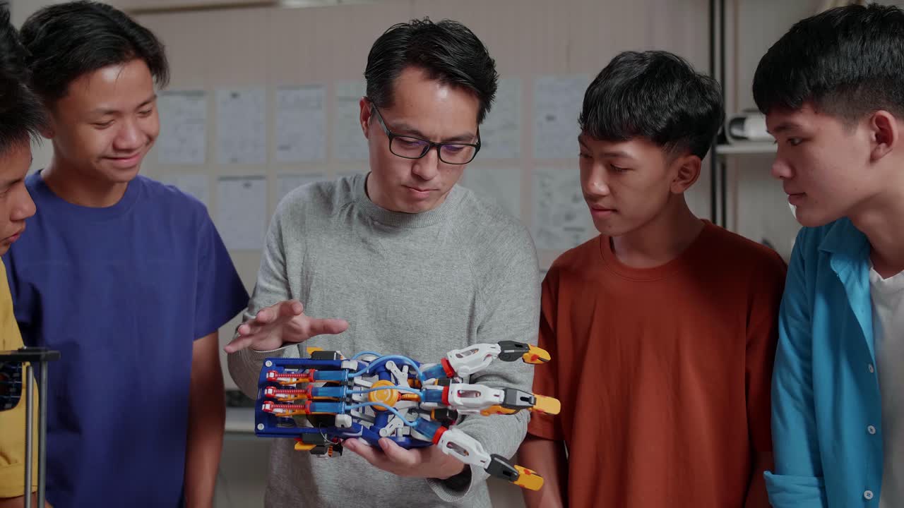hombre asiático con una computadora portátil e impresión 3d explicando cómo usar una mano cyborg a los niños en la escuela