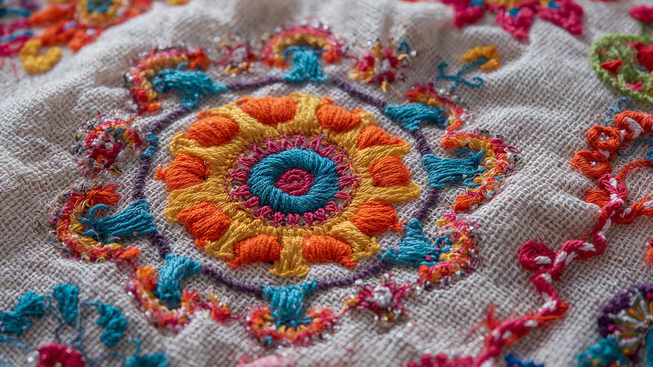 Racking camera lens revealing stitched circle on table, exposing padded stitches and bright floss