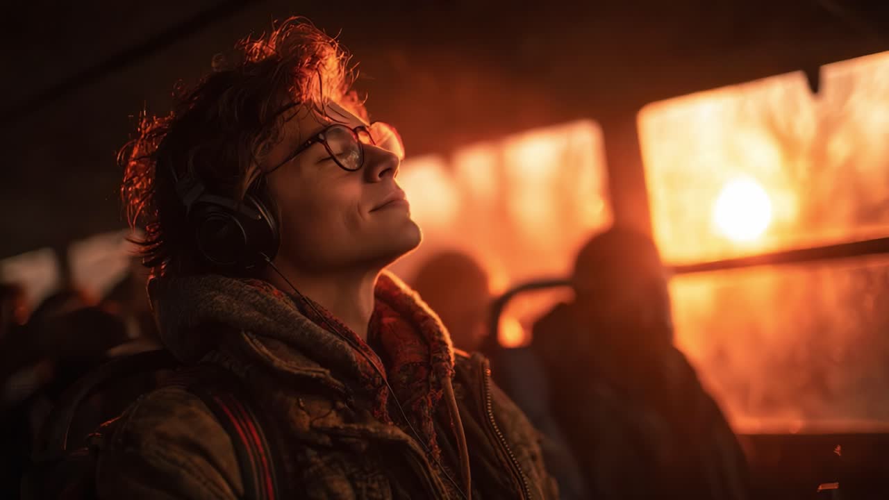 Klidný okamžik: Zachycení pokojného zamyšlení mladého člověka, který poslouchá hudbu a pozoruje západ slunce z autobusu za klidného večera.