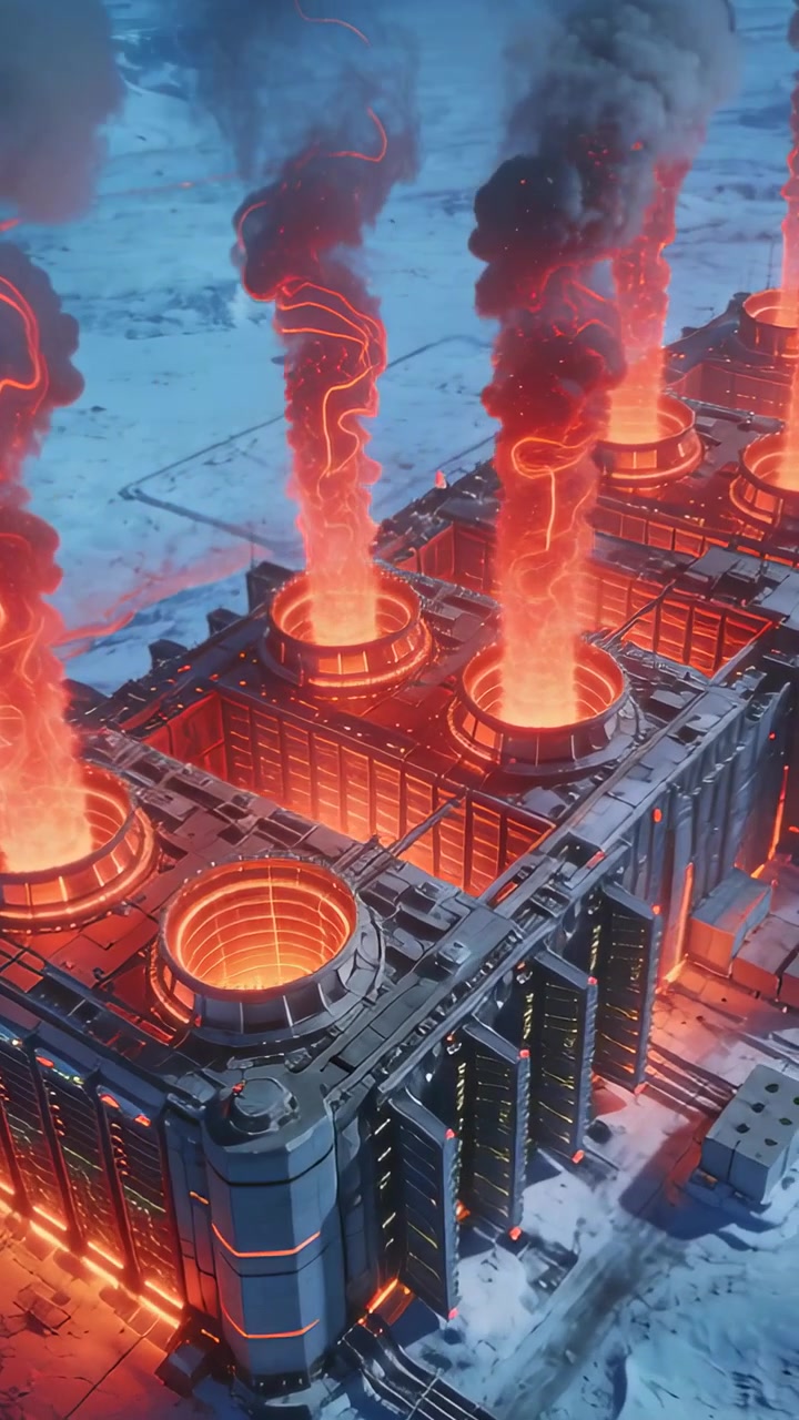 Vertical video: Furnaces firing, plant venting glowing smoke for smelting on snowy plain, open pits