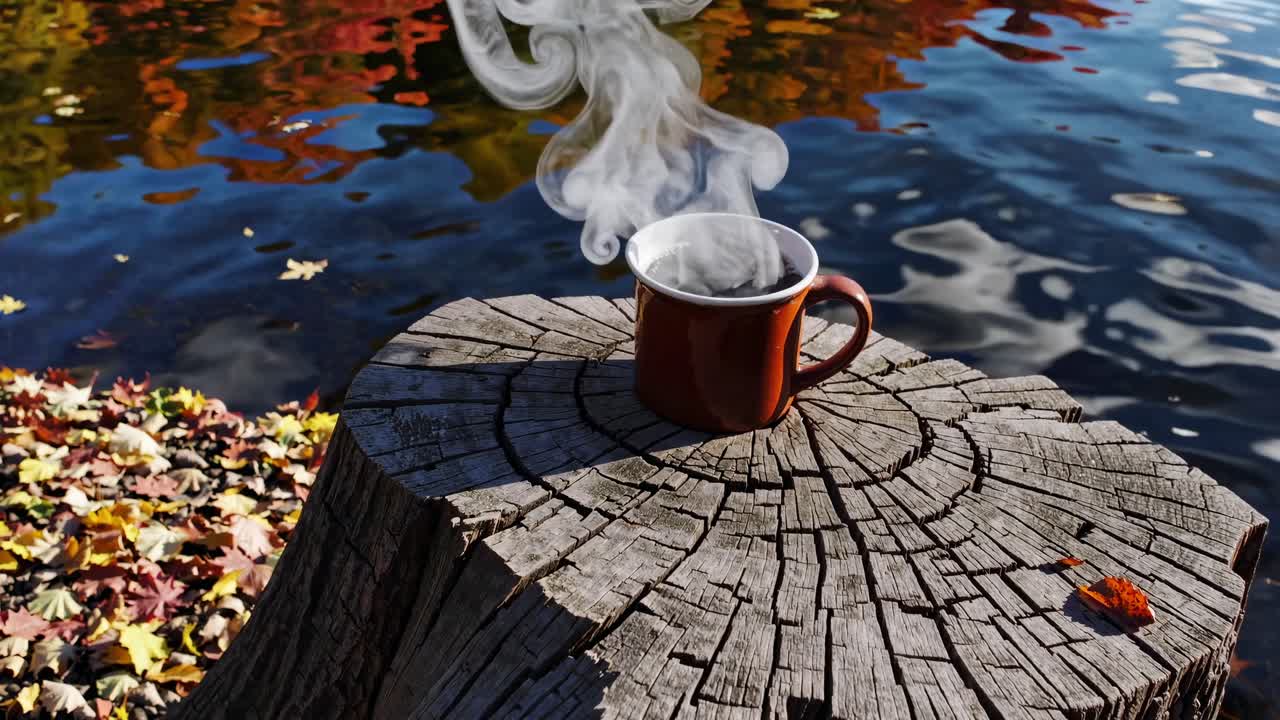 A steaming mug on a tree stump by a lake, captured from a low angle