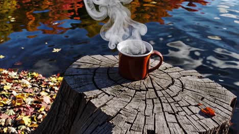 a steaming mug on a tree stump by a lake, captured from a low angle