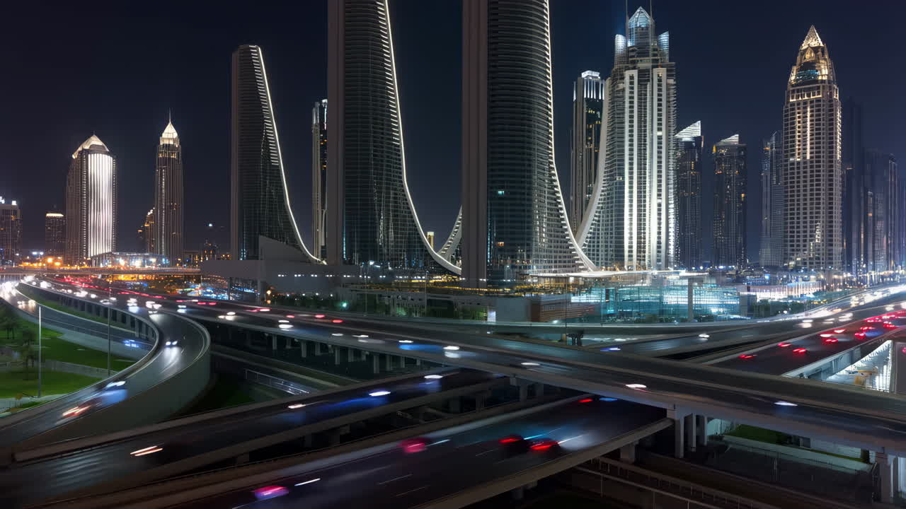 Vista notturna di una città moderna con grattacieli e svincoli autostradali trafficati