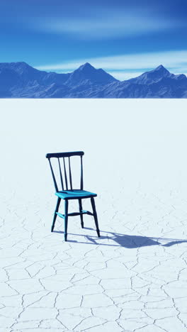 a blue chair sitting alone in a vast white desert under a blue sky with mountains in the background