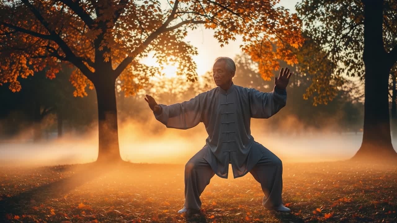 A Tranquil Morning in Autumn: A Martial Artist Practicing Traditional Movements Amidst a Misty Landscape of Fall Foliage and Soft Morning Light