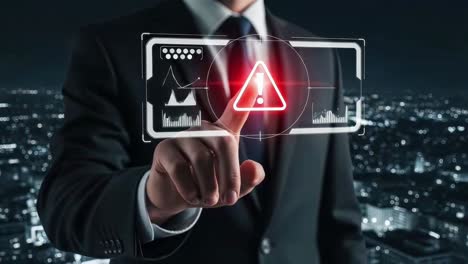businessman acknowledging a critical system warning alert on a futuristic virtual interface