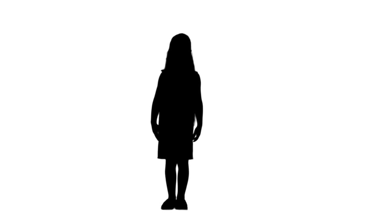 Silhouette Young lady is dressed up in lovely dress and white shoes singing a song track matte