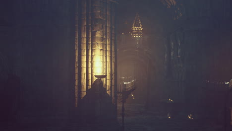 dimly lit ancient hall with flickering candles and stone walls