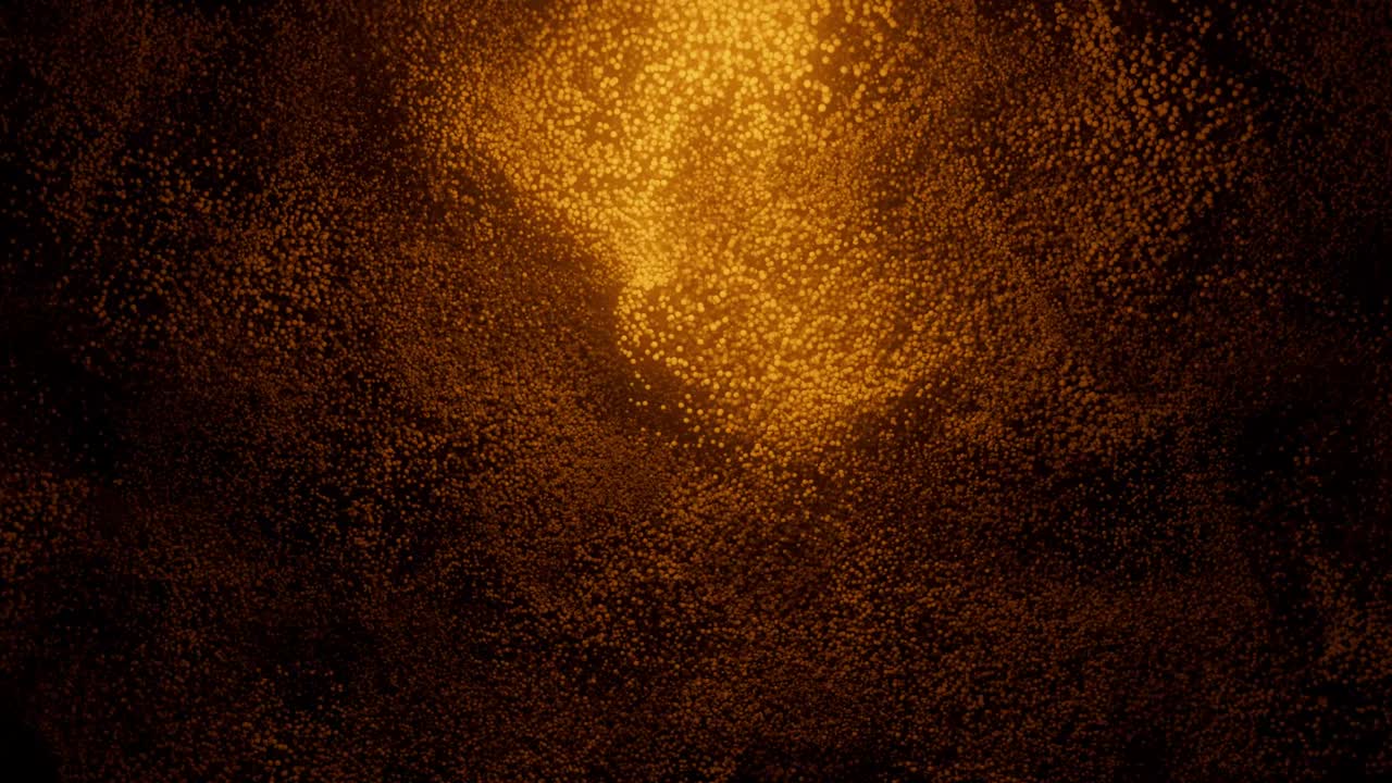 patrones abstractos de arena dorada que se extienden sobre un fondo negro. nube de puntos naranja girando en la oscuridad. datos virtuales. fondo de movimiento de bucle vj. animación 4k - render 3d