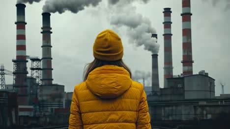 person in yellow jacket observes industrial smokestacks at dusk