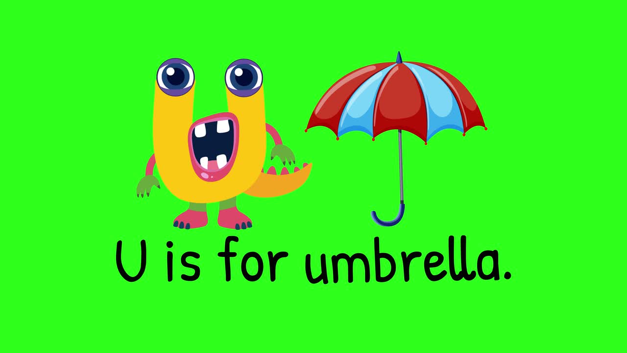 A playful animation with a cartoon monster introducing the letter U and an umbrella on a green background