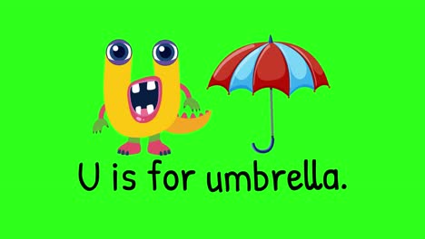 a playful animation with a cartoon monster introducing the letter u and an umbrella on a green background