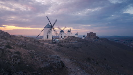 windmills in consuegra, castilla la mancha during sunset