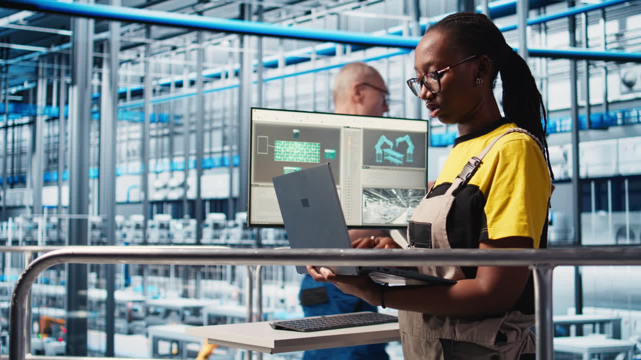 Smiling engineer overseeing smart factory, looking at collected data on laptop