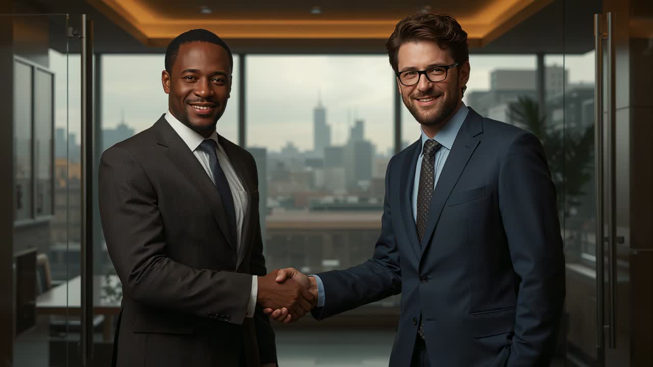 Greeting two men extending right hands and shaking in office corridor, suits ties and glasses