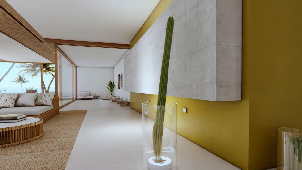 Modern Coastal Interior with Cactus Decor and Ocean View