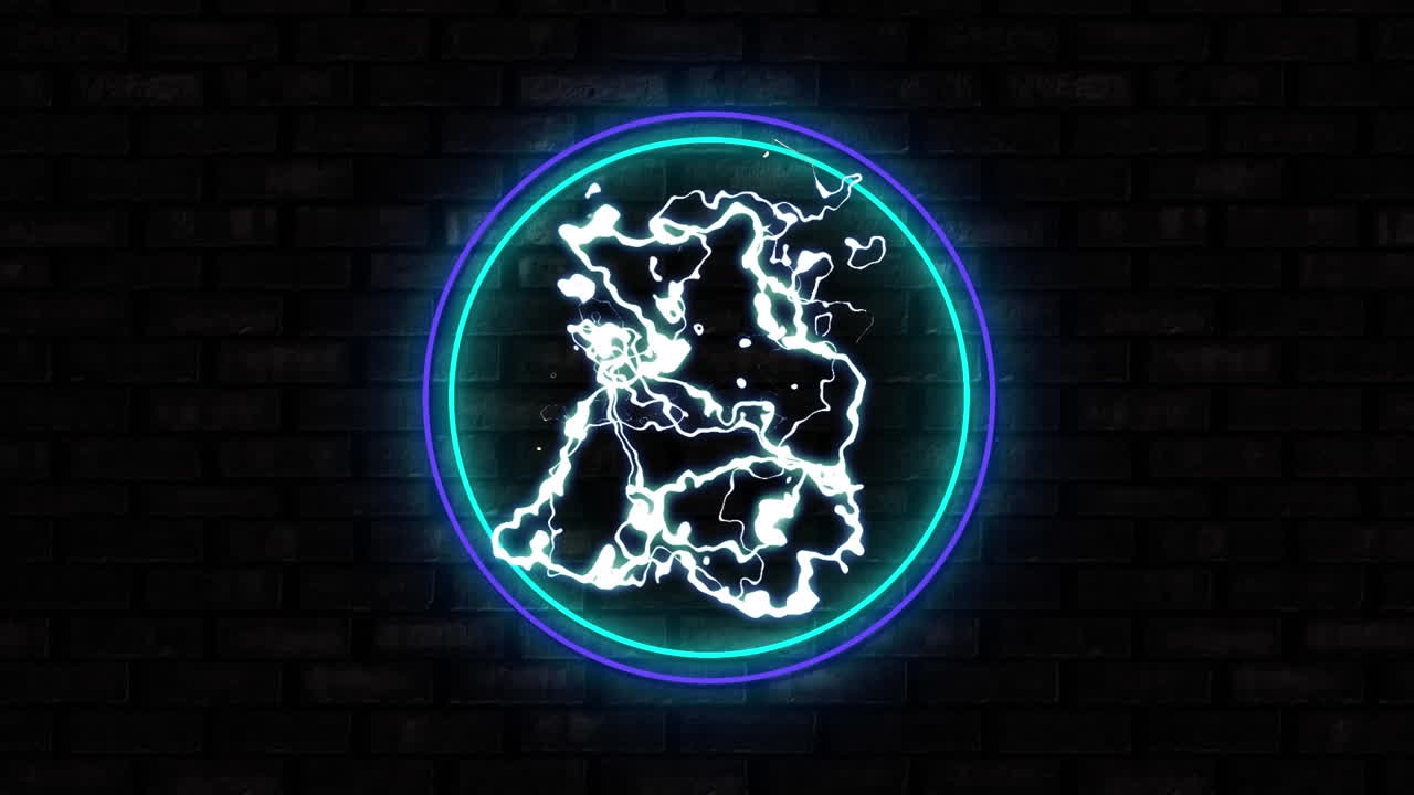 검은 바탕에 빛나는  ⁇ 색 전기 플래시와 파란색 네온 원의 애니메이션