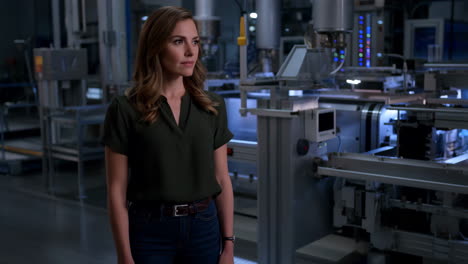 a woman standing in a modern factory environment
