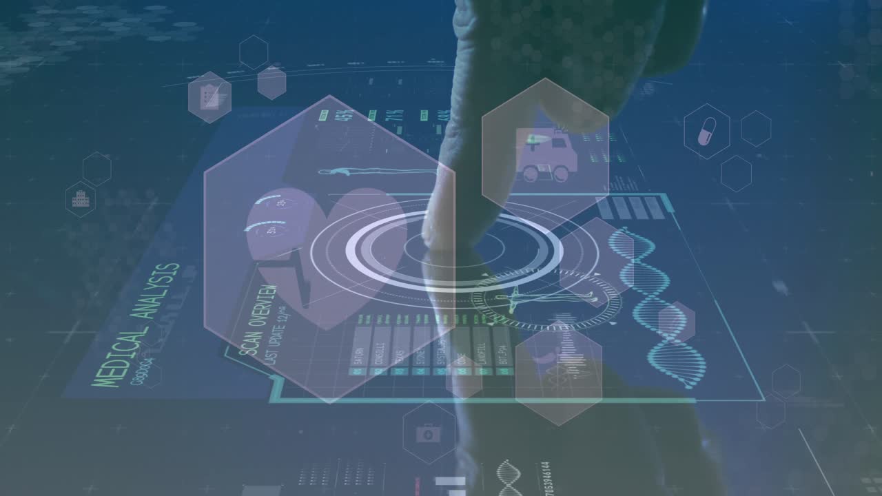 의료 데이터 처리 및 dna 스트랜드와 함께 인간 터치 스크린의 애니메이션