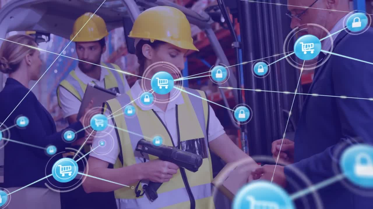 디지털 아이콘 네트워크 백인 여성 노동자가 창고에서 스캐닝 장치를 사용하는 것을 반대합니다.