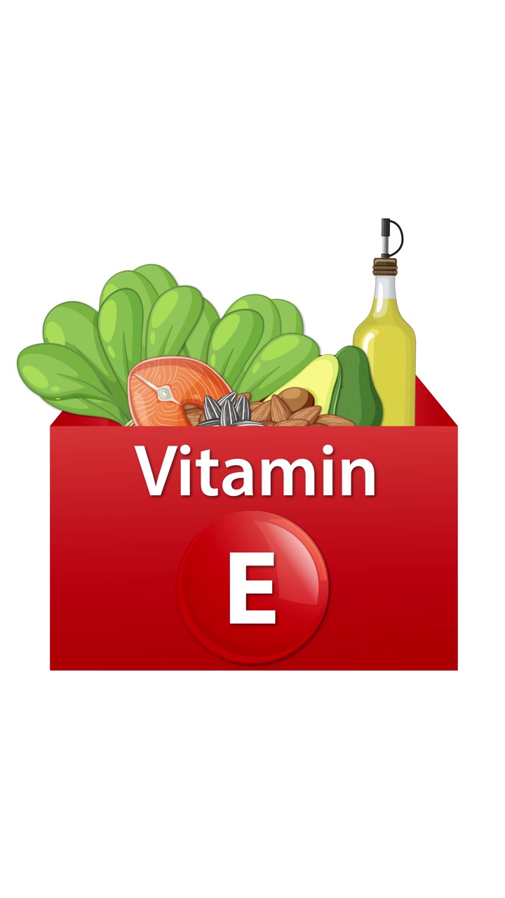 Scatola rossa di integratore di vitamina E che si riempie gradualmente di verdure, noci e olio su sfondo bianco