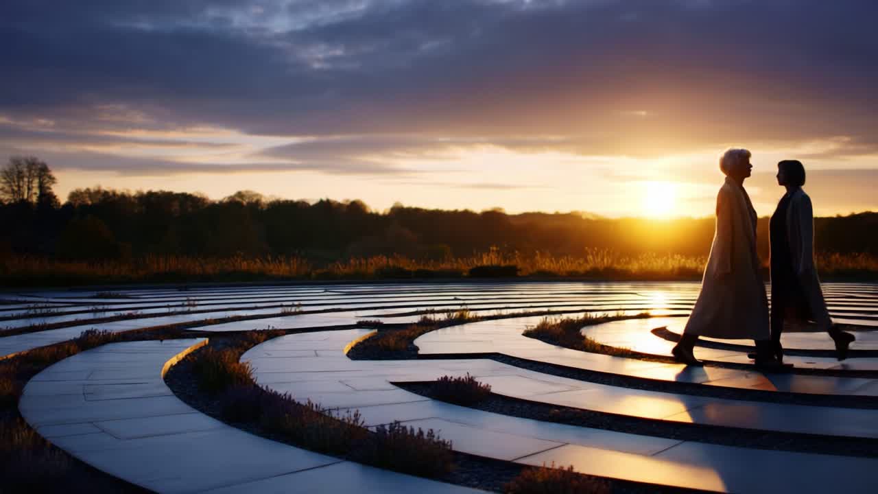 A Serene Journey of Reflection: A Figure Walking Through a Beautiful Labyrinth at Sunset, Surrounded by Nature's Tranquility and the Warm Glow of Dusk