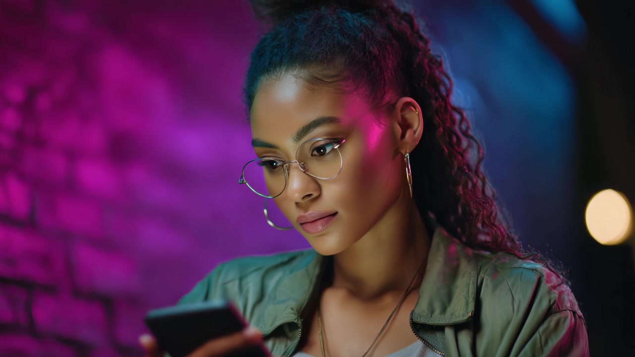 Fanget af teknologi: En ung kvinde fordybet i sin smartphone i et farverigt bymiljø under neonlys, der demonstrerer moderne forbindelse og fokus.