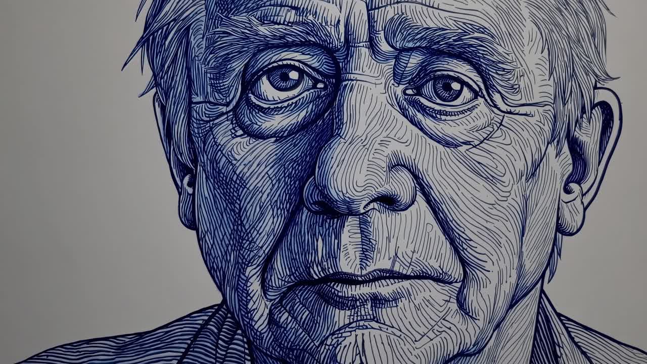 Close up portrait of an elderly man, drawn with blue ink, his face showing signs of age and experience, conveying a sense of wisdom and solemnity