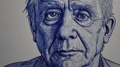 close up portrait of an elderly man, drawn with blue ink, his face showing signs of age and experience, conveying a sense of wisdom and solemnity