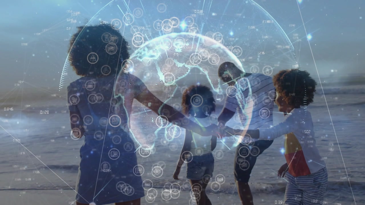 Family walking sunset shore as holo globe appearing on group, pulsing, mapping data nodes for tech