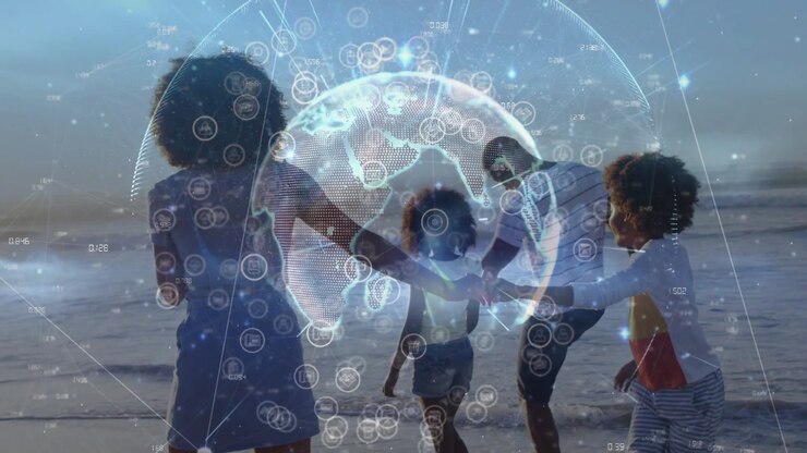 Family walking sunset shore as holo globe appearing on group, pulsing, mapping data nodes for tech