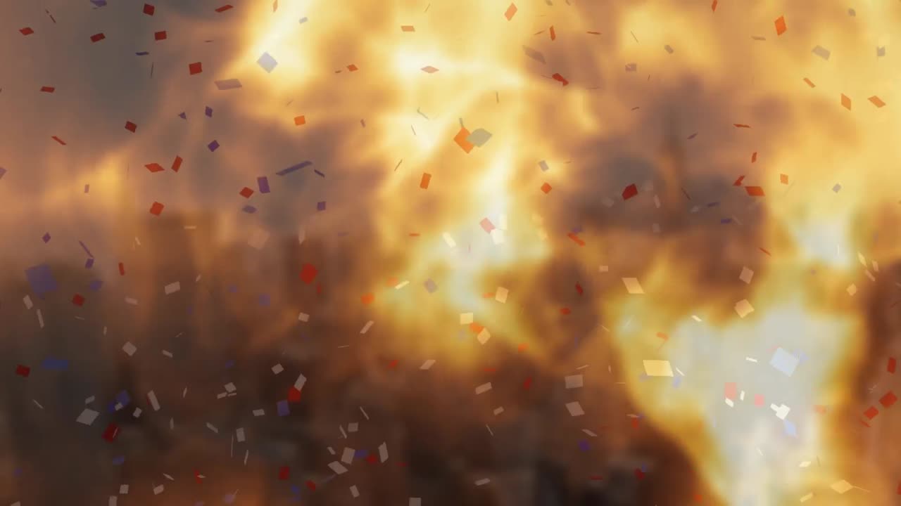 animación de confeti de colores que caen y llamas