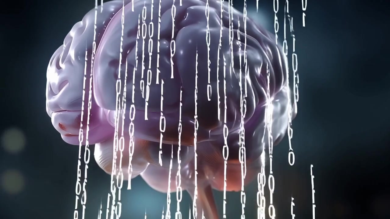 Cervello umano con flusso di codice binario digitale, concetto di IA.
