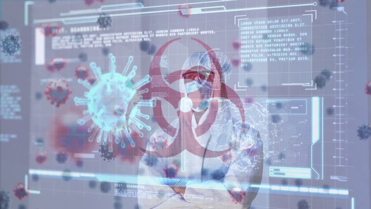 생물학적 위험 아이콘, 바이러스 세포, 디지털 인터페이스의 애니메이션 남성 의사가 얼굴 마스크를 착용합니다.