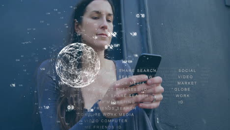 woman using smartphone with digital network and data processing animation overlay
