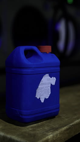 container with white emblem sits on wooden table in a dim laundromat